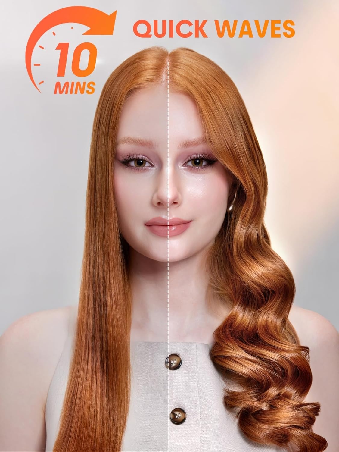 Before and after styling with an Automatic Curling Iron, showcasing quick waves in just 10 minutes.