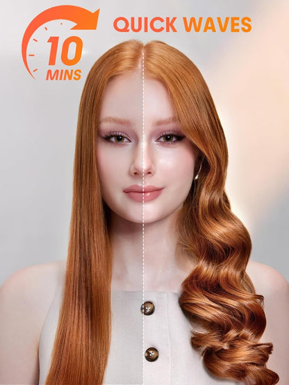 Before and after styling with an Automatic Curling Iron, showcasing quick waves in just 10 minutes.