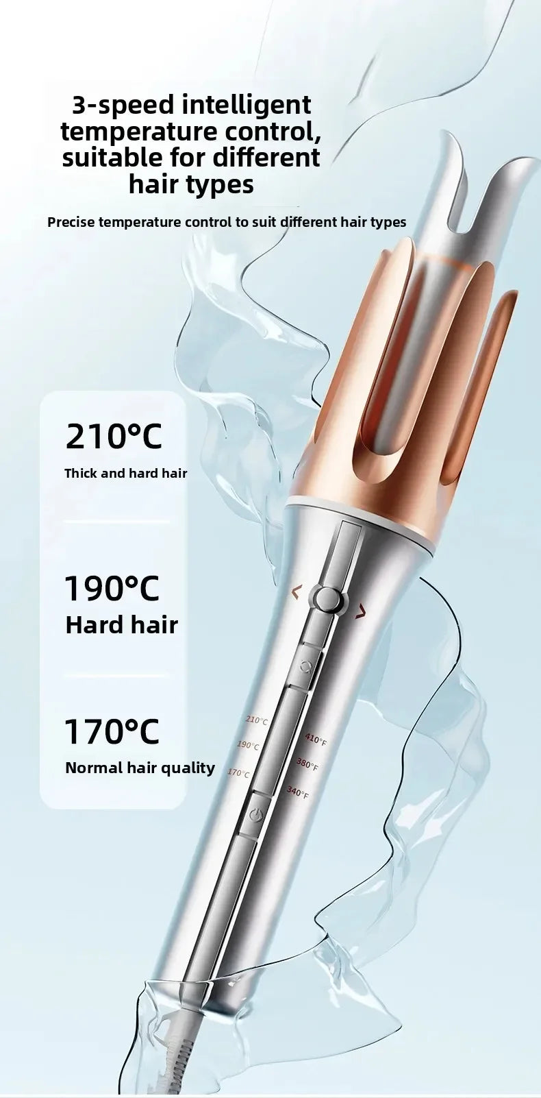 Automatic Curling Iron with 3-speed temperature control for different hair types, showcasing precise temperature settings.